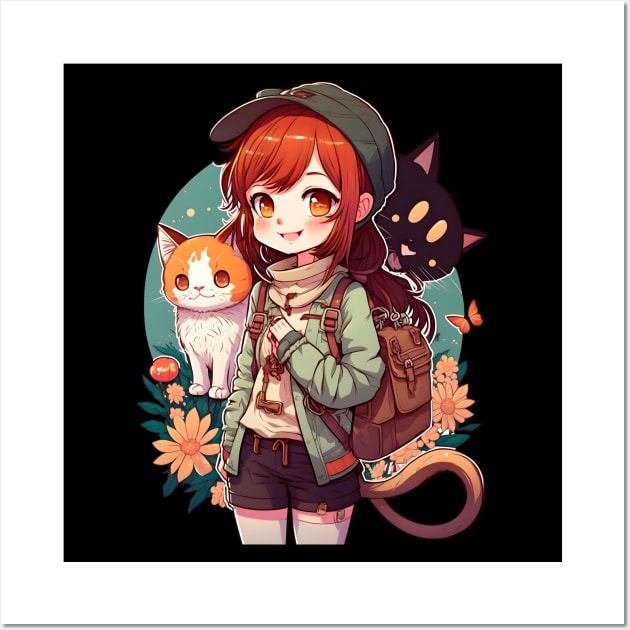 Cute Girl & Cats Kawaii Anime Orange and Black Cat Lovers Wall Art by Ai Wanderer